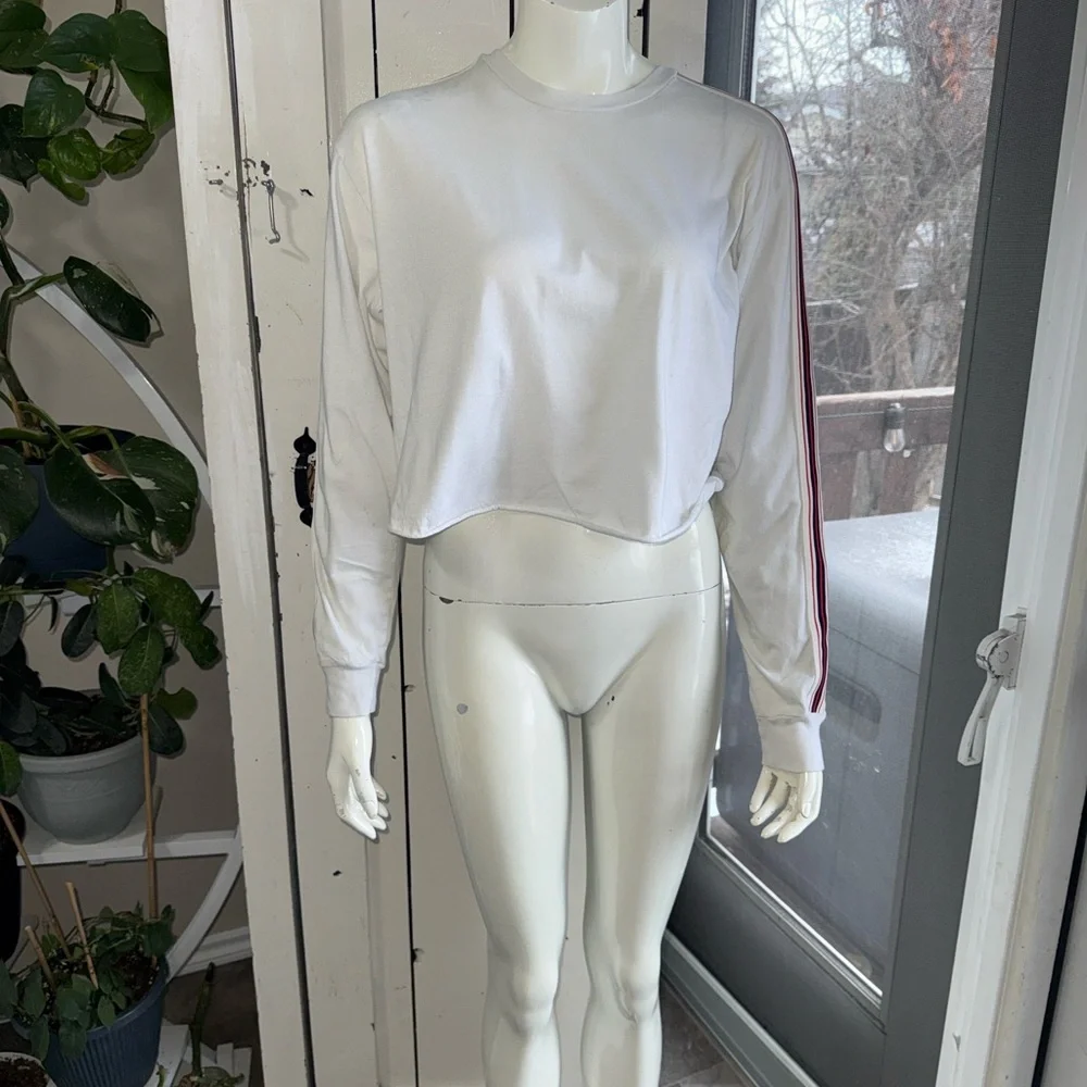 TNA Aritzia White Cropped Long Sleeve Top with Red/blue Stripe oversizedSm - Picture 2 of 9